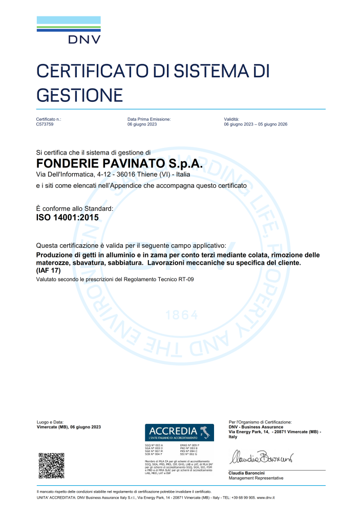Certificato ISO:14001 - 2023-2026